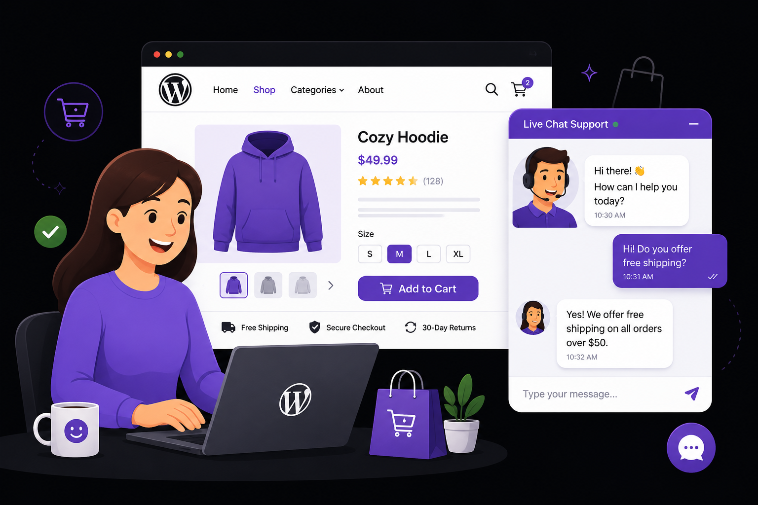 Live chat helping a customer buy a product on a WordPress website