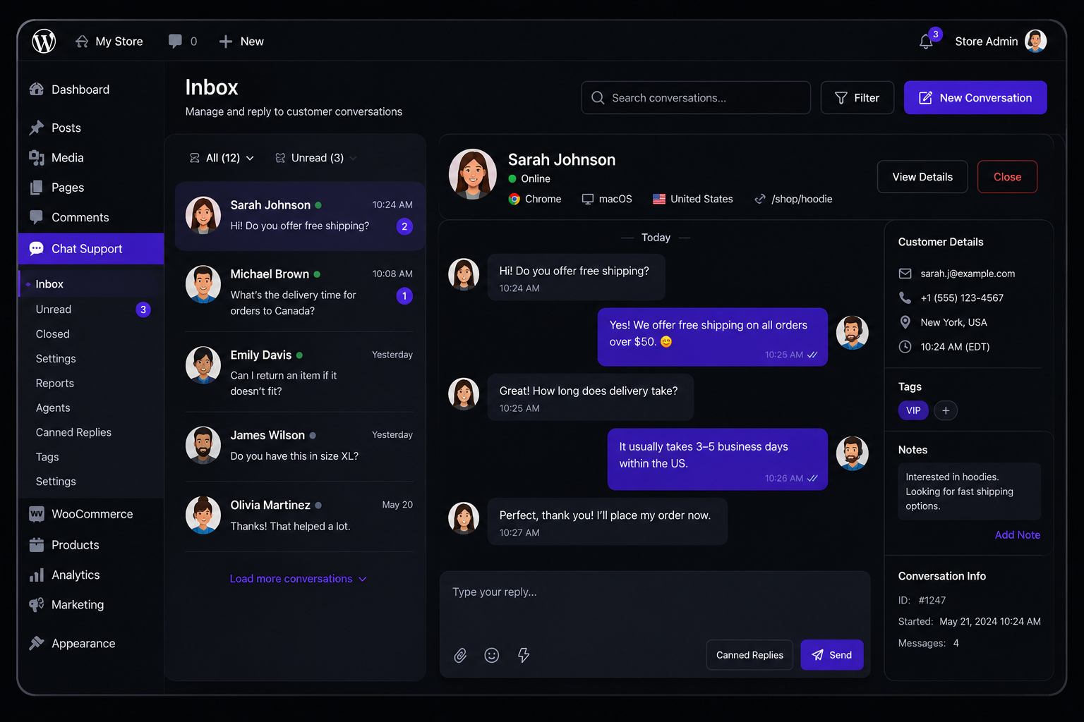 WordPress live chat inbox with customer conversations